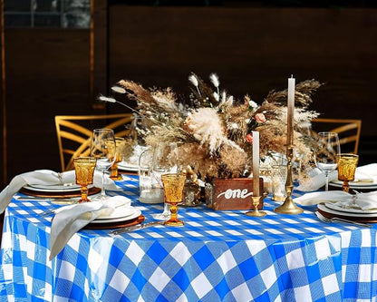 Disposable Checkered Tablecloth Round Plastic Buffalo Plaid Table Cloth 84'' Gingham Tablecover for Picnic Camping BBQ Graduation Party (Blue and White, 3 Pieces)