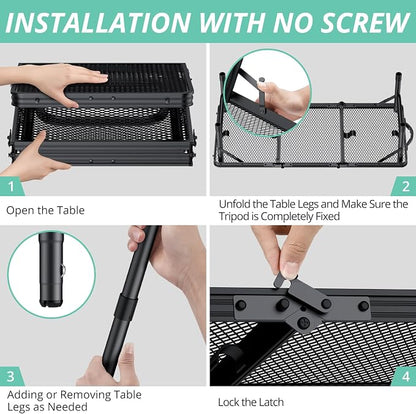 VINTEAM Folding Grill Table with Mesh Top, 3 Adjustable Heights, Lightweight Portable Camping Table, Black Aluminum Alloy BBQ Picnic Table for Outdoor Cooking, Tailgating, Beach, RV & Backyard