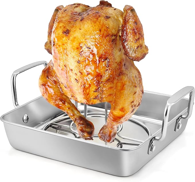 TeamFar Roasting Pan with Beer Can Chicken Holder, Drip Pan for Oven-2PCS | Stainless Steel Square Baking Pan with Vertical Stand, for Grill Oven Smoker BBQ Roasting, Dishwasher Safe(1 Pan + 1 Rack)