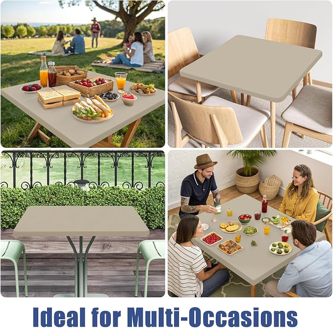 Moosfor 2 Pack Square Spandex Fitted Table Cloth, Elastic Tablecloth | Washable Picnic Table Cover, Stretch Waterproof Table cloths for Party, Patio, Dining, Kitchen, 34" x 34", Taupe