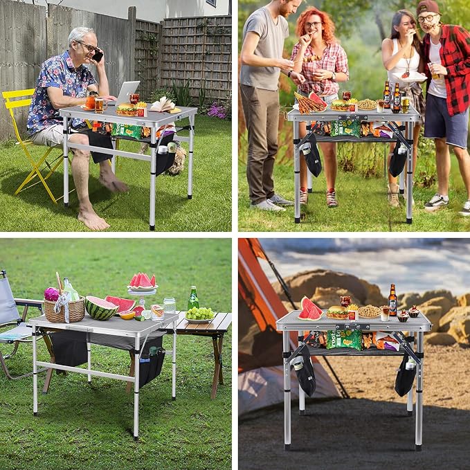 Nice C Square Folding Height Adjustable Aluminum Table (23.6", White) | Mesh Bag, Carry Handle, Grill Table, Camping Table, Outdoor Table, Card Game Table