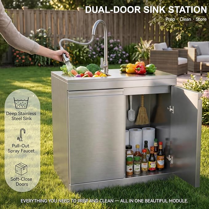 SERA C 4-Burner Propane Modular Outdoor Kitchen with Dual Sink | 75,300 BTU + side burner for sauces, dual-door sink with pull-out faucet, 304 ss, soft-close, locking casters, patio backyard