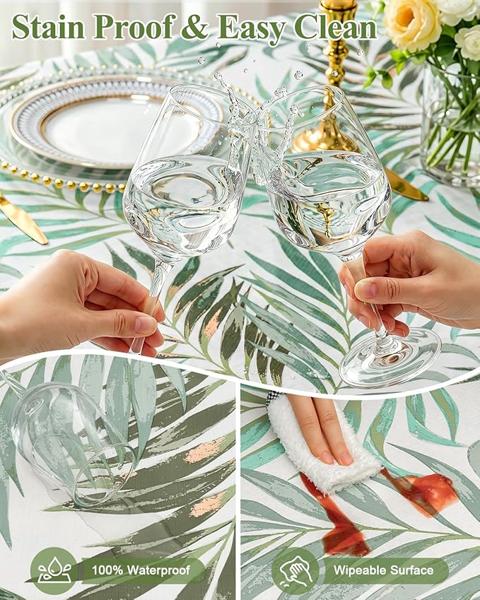 Seenus Summer Tropical Palm Leaf Tablecloth for Hawaiian Aloha Luau Party, Waterproof & Wipeable Eucalyptus Table Cloth with Flannel Backing for Outdoor BBQ & Patio Decor, Rectangle 60x84 Inch