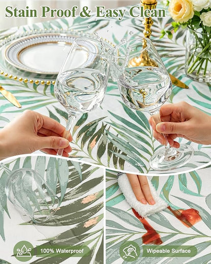 Seenus Summer Tropical Palm Leaf Tablecloth for Hawaiian Aloha Luau Party, Waterproof & Wipeable Eucalyptus Table Cloth with Flannel Backing for Outdoor BBQ & Patio Decor, Rectangle 60x84 Inch