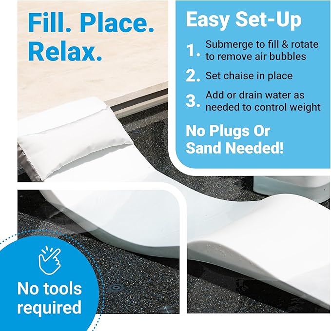 Aqua Outdoors Pool Chaise Lounge Chairs for Ledge & Shelf, Water-Weighted Pool Lounger for Depths Up to 9”, No Screw Plugs & Tools Needed, Classic White Ledge Lounger, Set of 2