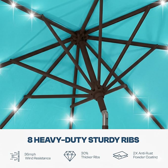 10FT Solar Lighted Patio Umbrella, Outdoor Table Market Umbrellas with Push Button Tilt and Crank, 32 LED Lights, 8 Sturdy Ribs, UV-Resistant for Deck, Garden, Pool