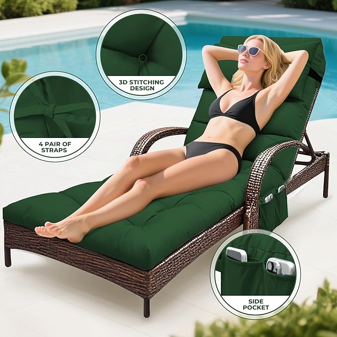 Outdoor Chaise Lounge Chair Cushion, Waterproof Outdoor Chair Cushions for Patio Furniture, 71 x 21 x 4 Inches Replacement Chaise Lounge Cushion with Ties (Green)