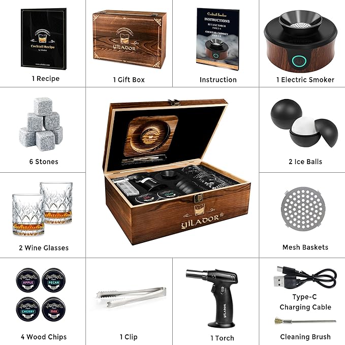 Electric Whiskey Smoker Kit with Torch, Premium Wooden Box, 4 Wood Chips, Ice Molds, Recipes, Cocktail Smoker Kit for Bourbon & Old Fashioned, Ideal Gift for Dad, Husband and Men (No Butane)