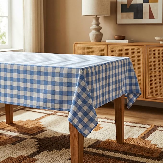 Waterproof Gingham Tablecloth, Checkered Fabric Table Cover for Kitchen Dining, Blue & White Plaid Table Cloth, Rectangle Table Cloth for Indoor Outdoor Use, W52 x L70 in