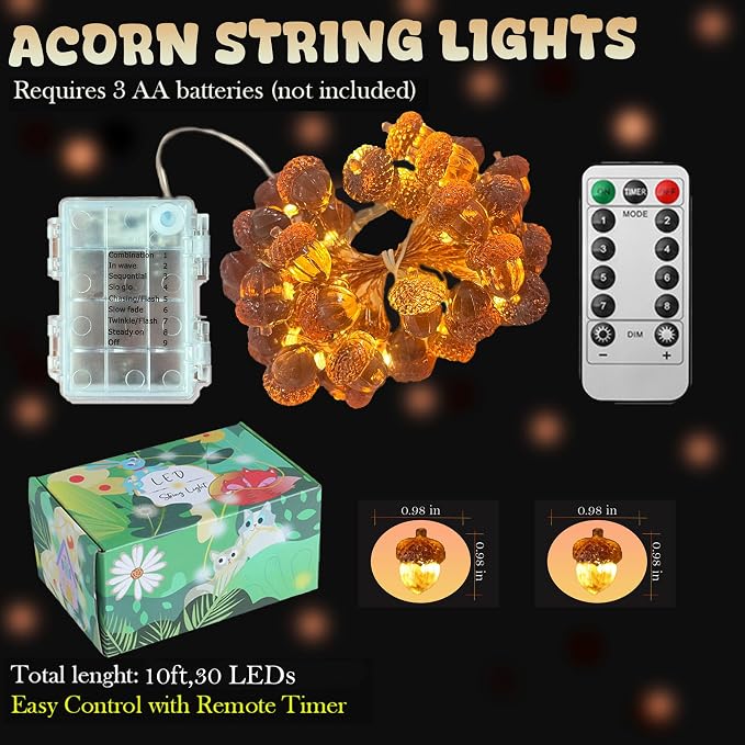 Fall Decoration for home 3D Acorn Lights Thanksgiving Décor Fall Garland Decorative Cute Fairy Lights Outdoor Waterproof Battery Operated Autumn Lights 30LED 10ft Christmas Window Room Decor