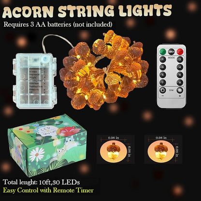 Fall Decoration for home 3D Acorn Lights Thanksgiving Décor Fall Garland Decorative Cute Fairy Lights Outdoor Waterproof Battery Operated Autumn Lights 30LED 10ft Christmas Window Room Decor