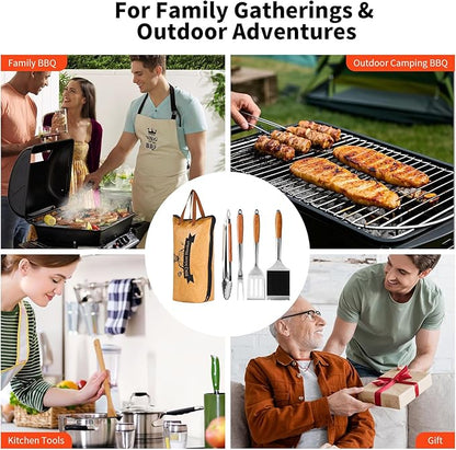 5in1 Heavy-Duty Rose Wooden BBQ Grilling Tools Set and BBQ Blanket for Resting Meat, Extra Thick SS Multi-Function Spatula, Fork, Brush & Tongs, Reusable Smoker Meat Insulated Bag, Ideal Gifts for Men