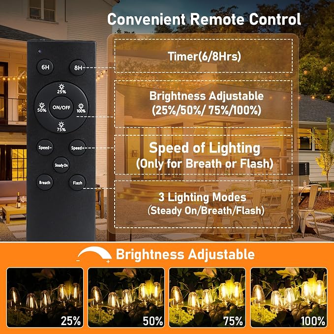 ST38 Solar Outdoor String Lights Waterproof Dimmable, 60FT | Solar Powered String Lights for Outside with LED Shatterproof Bulbs, Patio Hanging Lights String for Backyard Garden Party