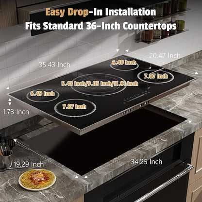 36 Inch Electric Cooktop, 5 Burner Stove Top with Slide Control, 9200W Electric Stove with Child Lock, Timer & Pause Function 36" Glass Cooktop, 220V Hard Wire(No Plug)