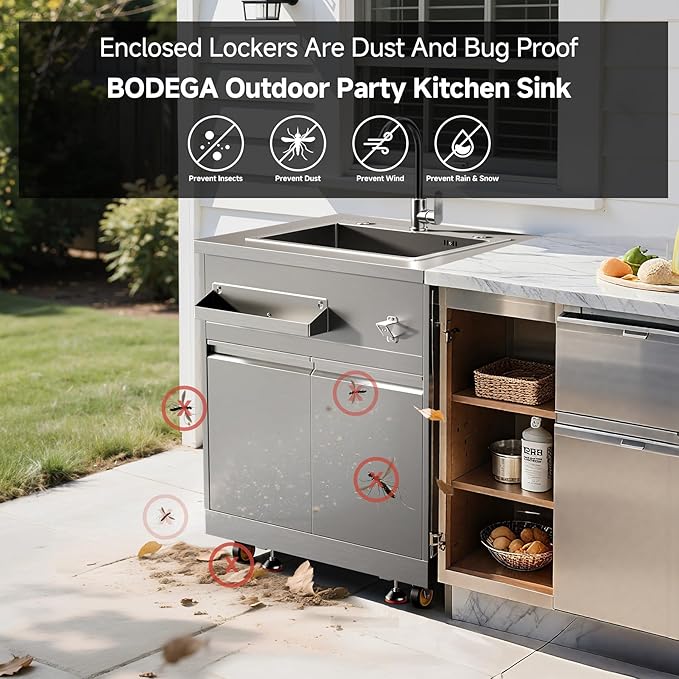 BODEGA Stainless Steel Kitchen Sink with Hose Hook Up, Outdoor Kitchen cabinets with Ample Storage Space, All-Weather Single Bowl Commercial Sink Cabinet Bottle Opener & Spice Rac,Brake Wheels.
