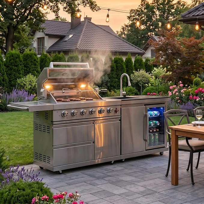 84 Inch Outdoor Kitchen Island Grill, 6 Burner 75300 BTU Stainless Steel Propane Gas Grill Island with Sink and Refrigerator, Modular BBQ Barbecue Island with Granite Countertop and Rotisserie Kit