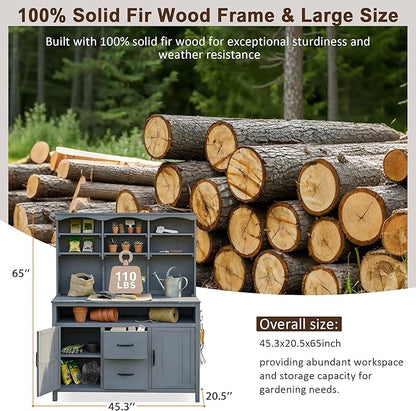 Merax 45.3" Large Outdoor Fir Wood Potting Bench with Storage, Multi-Functional Patio Kitchen Island with 6-Shelf Hutch+2 Cabinets+2 Drawers+3 Hooks, Garden Workstation for Planting, Gardening, Gray