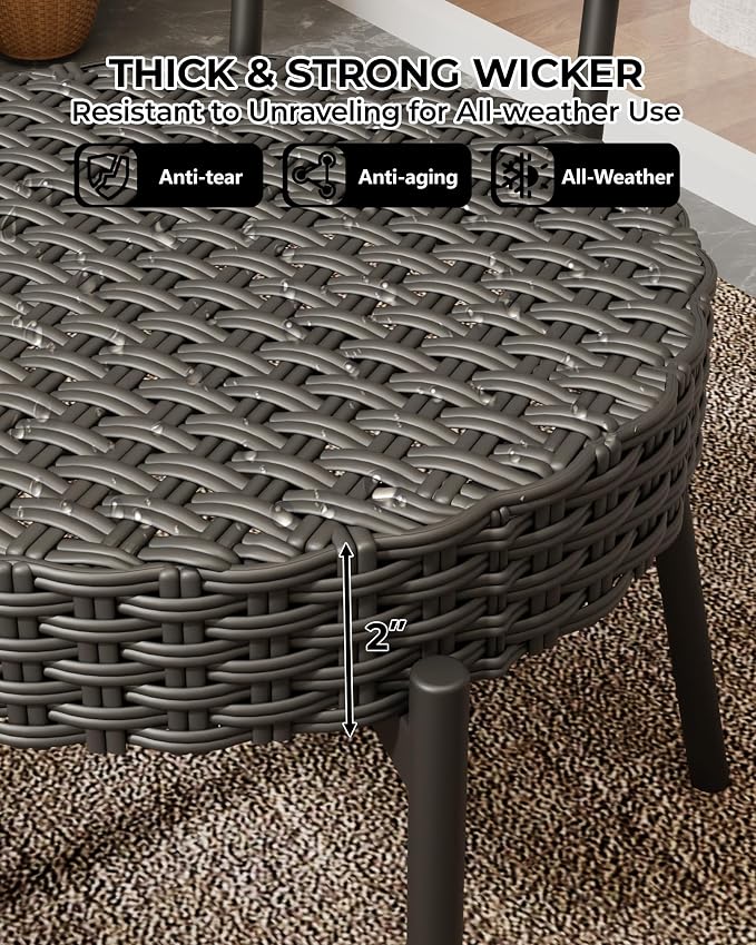 GarveeLife 3 Piece Wicker Patio Bistro Furniture Set, Outdoor Dining Chairs, Includes 2 Rattan Chairs and Tempered Glass Table, for Garden, Backyard, Balcony, Apartment, Black & Grey