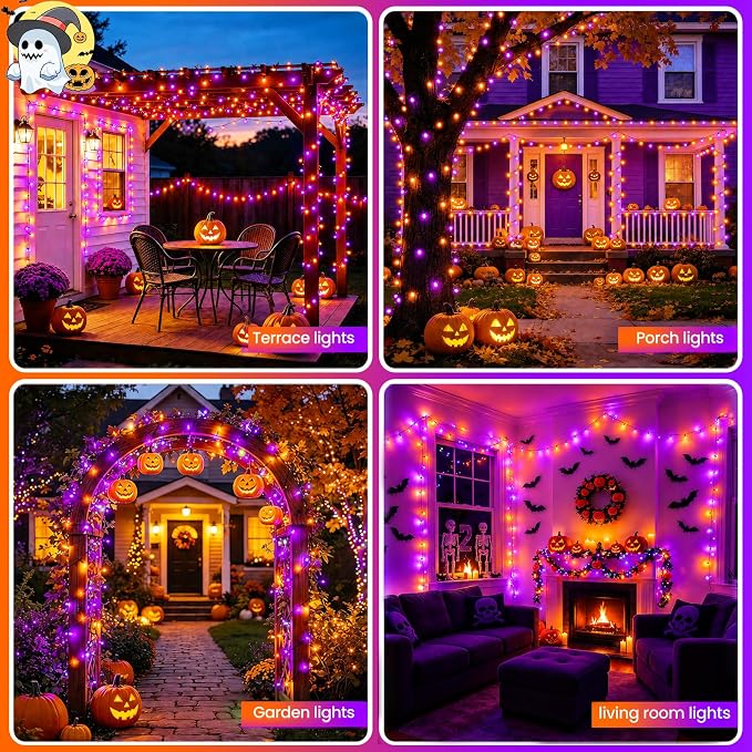 Solar Halloween Lights Outdoor Solar String Lights Waterproof for Halloween Decorations, Total 100LED 45FT for Garden Yard Pathway Fence, Orange Purple 8 Modes 50LED x 2 Pack