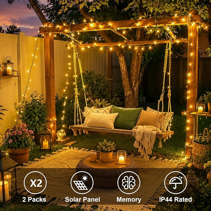 QITONG 2 Pack Warm White Solar String Lights Outdoor Waterproof, Each 33ft 100 LED Solar Christmas Lights, 8 Modes Green Wire Solar Twinkle Tree Lights for Outside