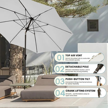 9FT Large Outdoor Patio Umbrella Market Table Umbrella-UV Resistant, Easy Push Button Tilt and Crank, 8 Sturdy Ribs Heavy-Duty Pool Umbrella for Deck,White