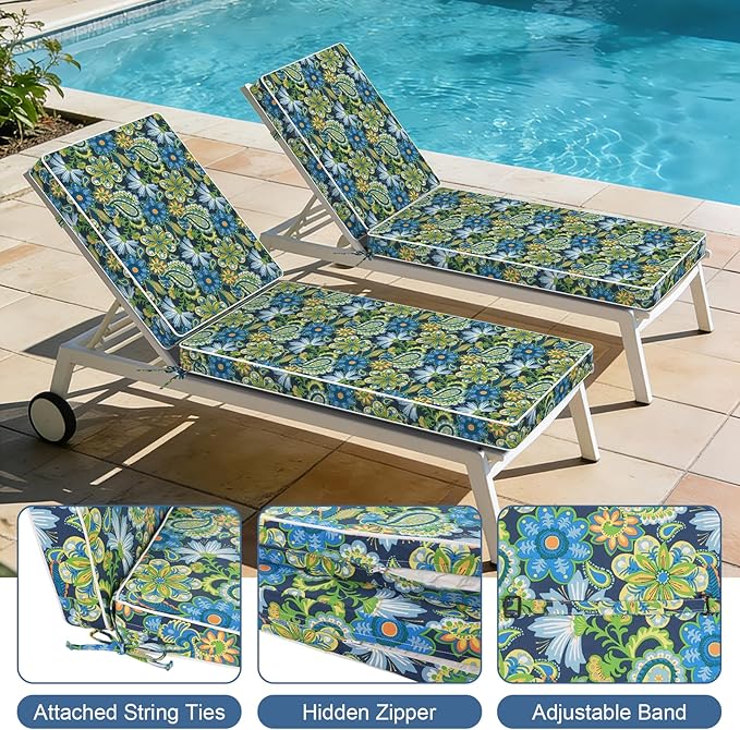 LVTXIII Outdoor Chaise Lounge Cushion 72x21x3 Inch, Water-Repellent Patio Seat Cushion with Ties & Hidden Zipper, Thick Foam Pad for Lawn Chair, Poolside, Patio Furniture, Bohemian Azure