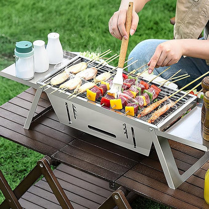 3-in-1 Portable Charcoal Grill Foldable Camping BBQ, Tabletop Stainless Steel Grill with Adjustable Fire Grate & Carry Bag for Outdoor, Picnic, Backyard (10.63x7.01in Cooking Area)