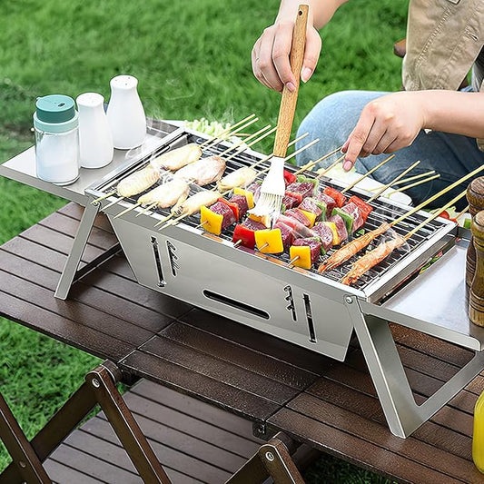 3-in-1 Portable Charcoal Grill Foldable Camping BBQ, Tabletop Stainless Steel Grill with Adjustable Fire Grate & Carry Bag for Outdoor, Picnic, Backyard (10.63x7.01in Cooking Area)
