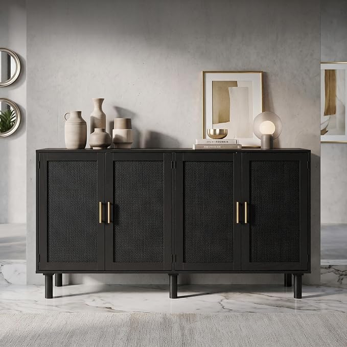 Finnhomy 4 Door Sideboard Buffet Cabinet, Kitchen Storage Buffet with Black Painted Rattan Decorated Doors, Cupboard Console Table, Boho Accent Liquor Cabinet, 62.3X 15.7X 34.6 Inches, Full Black