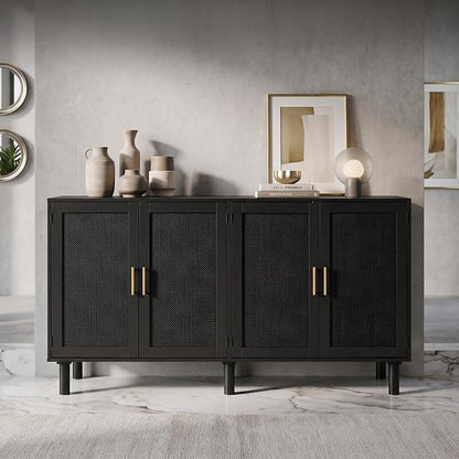 Finnhomy 4 Door Sideboard Buffet Cabinet, Kitchen Storage Buffet with Black Painted Rattan Decorated Doors, Cupboard Console Table, Boho Accent Liquor Cabinet, 62.3X 15.7X 34.6 Inches, Full Black