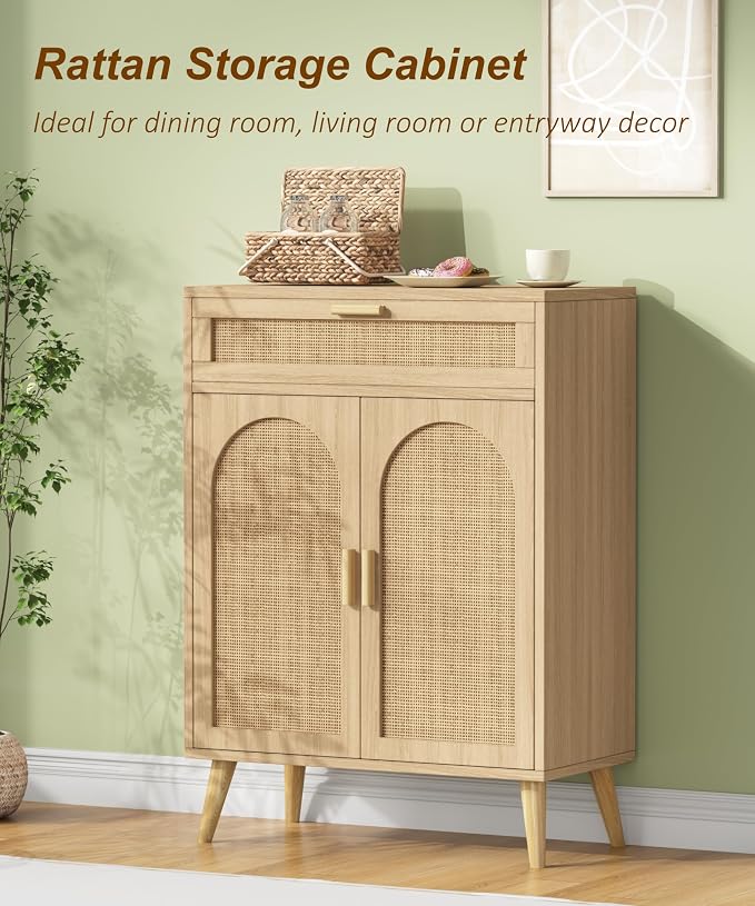 Keehusux Rattan Storage Cabinet with Drawer and 2 Doors, Natural Oak | Accent Sideboard Buffet Cabinet with Adjustable Shelf & Solid Wood Feets, Coffee Bar for Kitchen, Living Room, Entryway