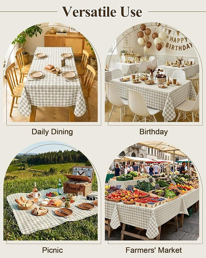 Seenus Khaki Gingham Flannel Backed Tablecloth for 8 ft Table, Waterproof & Easy Clean Checkered Table Cloth for Summer Camping, Outdoor Picnic & Large Event Party, 60 x 120 Inch