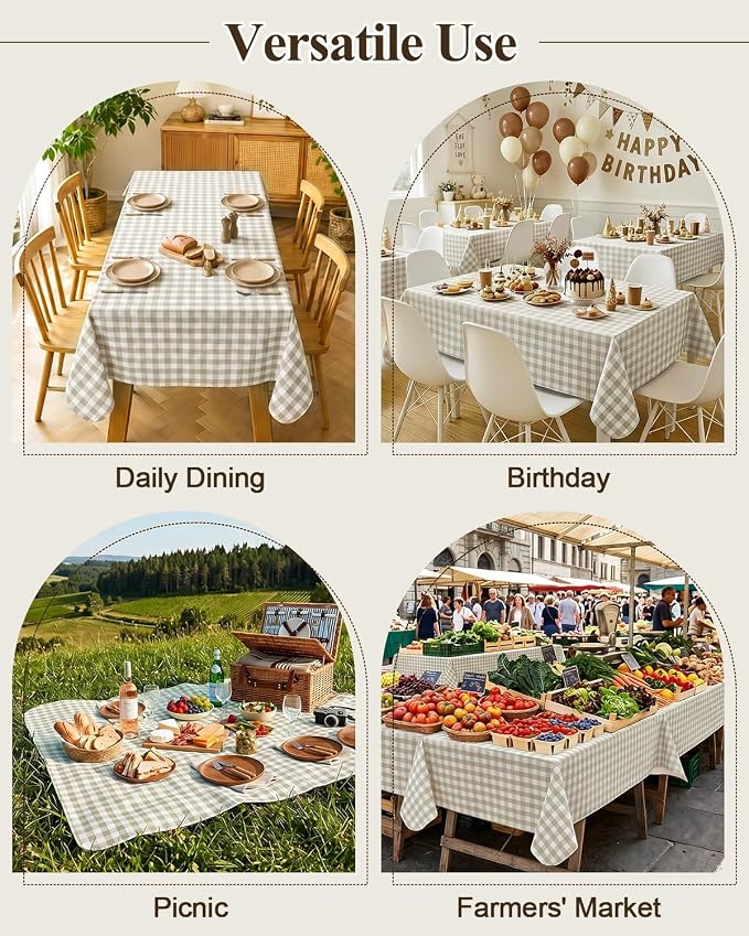 Seenus Waterproof Khaki Gingham Vinyl Tablecloth with Flannel Backed, Neutral Checkered Table Cloth for Farmhouse Rustic Decor, Summer BBQ, Outdoor Picnic and Tea Party, Rectangle 54x72 Inch