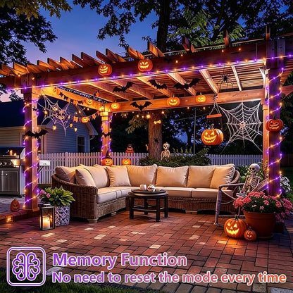 YEGUO Solar Halloween Lights Outdoor Waterproof, 66ft 200 LED Purple and Orange Solar Rope Lights, 8 Modes Fairy Lights in Clear Thin Tube