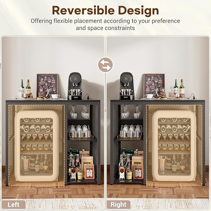 Homieasy Mini Fridge Cabinet with Power Outlet, Coffee Bar Cabinet with Mini Fridge Space, Industrial Liquor Cabinet with Wine Storage & Glass Holder for Dorm, Living Room, Home Kitchen, Black