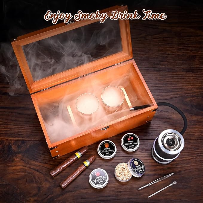 Electric Old Fashioned Smoker Kit, Whiskey Smoker Kit with Wooden Smoke Box, Cocktail Smoker Kit Infuse Rich Smoky in Bourbon&Cocktail, Home Bar Birthday Whiskey Gift for Men, Dad, Husband, Boyfriend