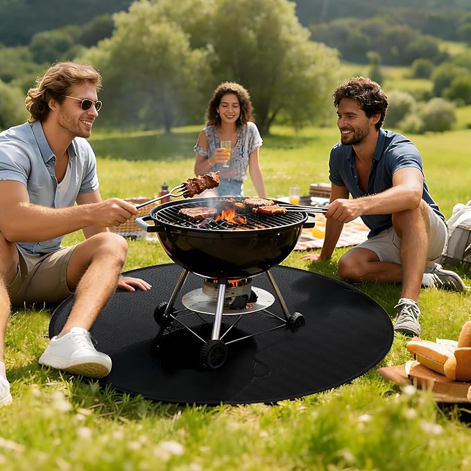 48'' Fire Pit Mat, Double-Sided Fireproof Under Grill Deck Protector Mat, Round BBQ Fireplace Pad for Patio, Indoor Outdoor Use, Waterproof/Oil-Proof/Reusable, Black