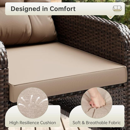 5 Piece Patio Furniture Set, PE Wicker Outdoor Furniture Set with Soft Cushions & Coffee Table, Outdoor Lounge Chairs with Ottoman for Porch, Lawn, Balcony, Khaki-Beige