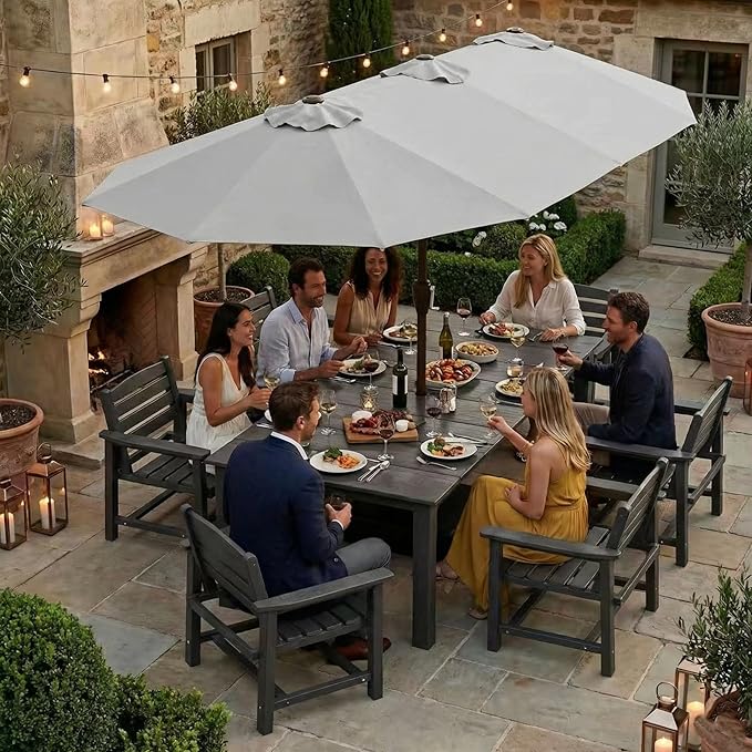 Kingdura 13ft Large Patio Umbrella with Base Included, Double-Sided Rectangle Outdoor Table Umbrella with 12 Reinforced Ribs, Crank Lift for Market Pool Deck Backyard, Light grey