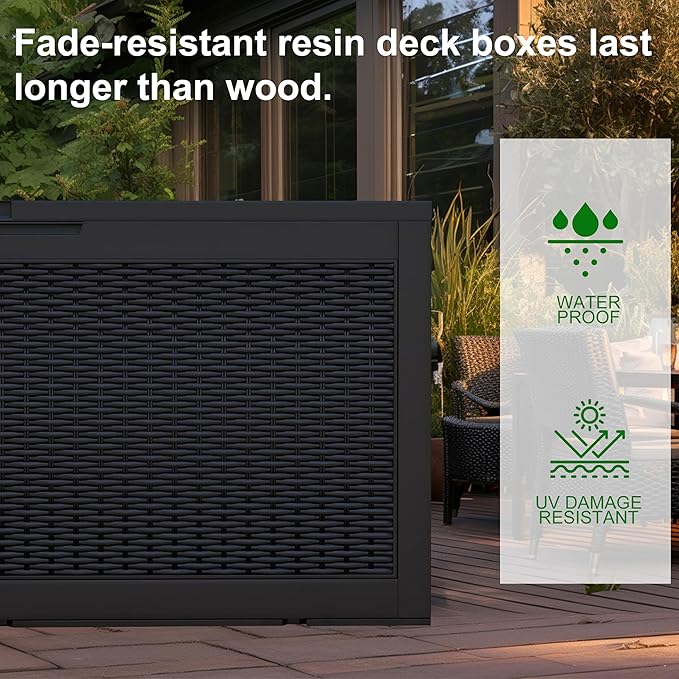 PatioZen 120 Gallon Deck Box Outdoor, Weatherproof Resin Patio Storage Box, Waterproof Outdoor Storage Boxes with Lid Lockable for Cushions, Garden Tools,Black