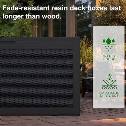 PatioZen 120 Gallon Deck Box Outdoor, Weatherproof Resin Patio Storage Box, Waterproof Outdoor Storage Boxes with Lid Lockable for Cushions, Garden Tools,Black