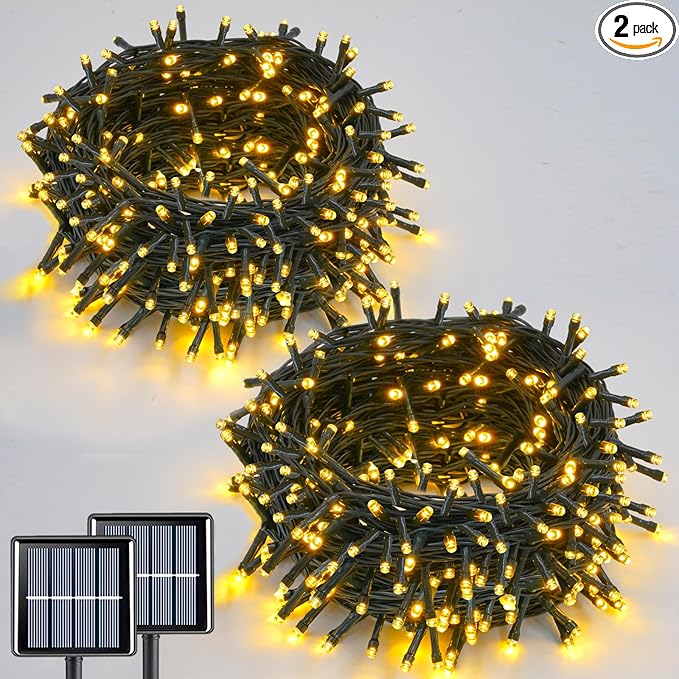 QITONG 2 Pack Warm White Solar String Lights, Each 66ft 200 LED Solar Fairy Lights Outdoor Waterproof, 8 Modes Green Wire Solar Twinkle Tree Lights for Outside