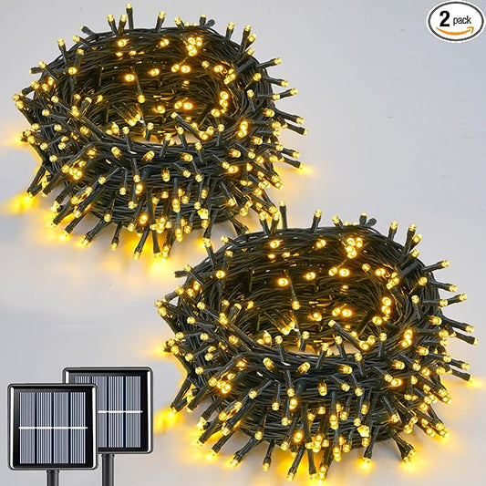 QITONG 2 Pack Warm White Solar String Lights, Each 66ft 200 LED Solar Fairy Lights Outdoor Waterproof, 8 Modes Green Wire Solar Twinkle Tree Lights for Outside