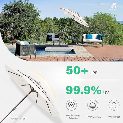 JEAREY 9FT 3 Tier Patio Umbrella Outdoor Market Umbrella Table Umbrellas with 8 Ribs 1.5 Pole Push Button Tilt and Crank UV Protection for Garden,Off-white