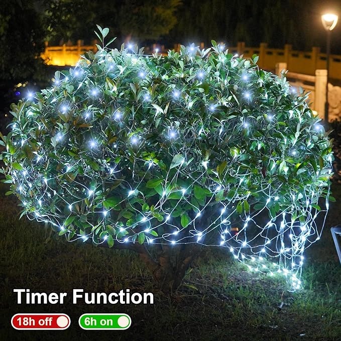 QITONG Net Lights Outdoor Mesh Lights, 12ft x 5ft 360 LED White Christmas Light with 8 Modes, Connectable Clear Wire Bush Light Plug in