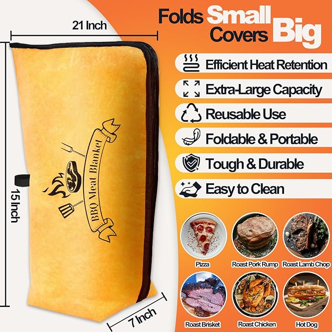 BBQ Blanket for Resting Meat 21", Reusable Insulated Smoker Meat Resting Blanket Silicone Brush, Smoker Grilling Meat Insulated Resting Bag with Wide Mouth for Large Brisket/Beef/Pork Shoulders/Turkey