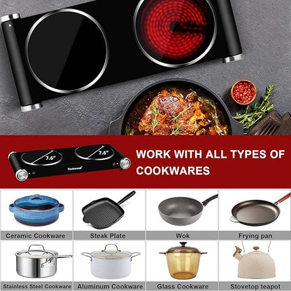 Hot Plate, Techwood 1800W Dual Electric Stove, Countertop Stove Double Burner for Cooking, Infrared Ceramic Hot Plates Double Cooktop, Brushed Stainless Steel Easy to Clean Upgraded Version, Black