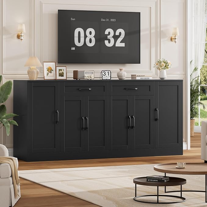 71” Large Buffet Cabinet with Storage, Sideboard Buffet Cabinet with Adjustable Shelves and 6 Soft-Close Doors, Wood Coffee Bar Console Table for Kitchen, Dining Room, Black | Sideboard 6 Soft-Close Doors, Wood Coffee Bar Console Table for Kitchen, Din...