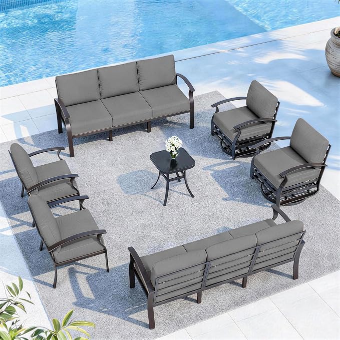 ALAULM Aluminum Patio Furniture Set with 2 Swivel Chairs 10-seat Metal Outdoor Furniture Patio Sectional Sofas Patio Conversation Set w/5.1" Cushions for Patio, Backyard, Poolside-Grey
