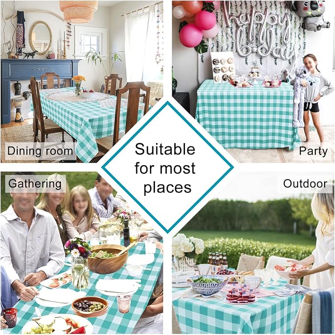 Hiasan 60 x 120 Inch Checkered Tablecloth Rectangle - Waterproof, Wrinkle Resistant and Washable Gingham Table Cloth for Outdoor Picnic, Kitchen and Holiday Dinner, Aqua and White